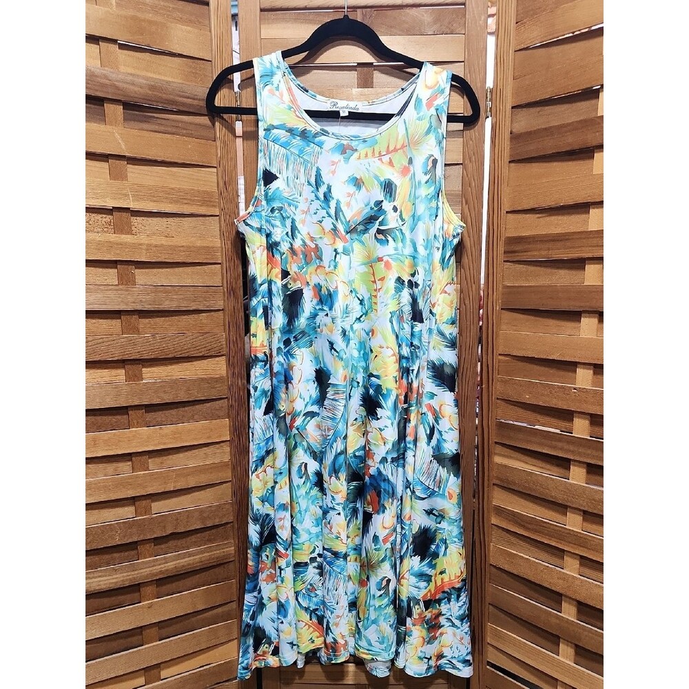 Rosalinda Sleeveless Tropical Midi Dress Multi Green Women M Floral Beach Tank